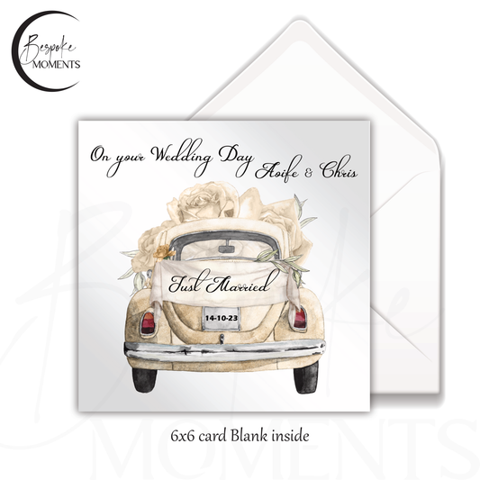 Your Journey Together: A Personalised Cream Bridal Car Wedding Card